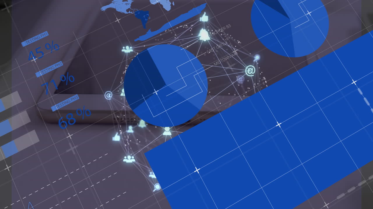 Animation of connected icons forming globe and graphs and database over digital tablet and laptop