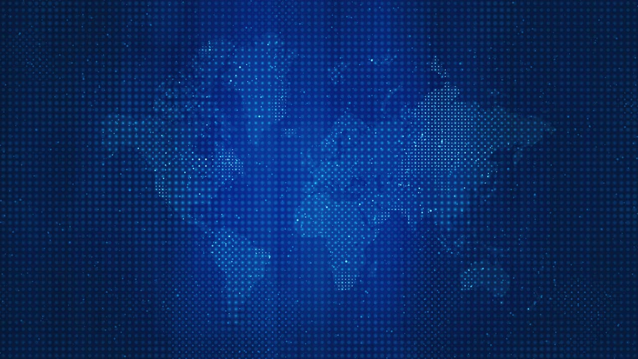 Loopable Digital World Map with Glowing Blue Dots and Halftone Grid in a Futuristic Motion Design