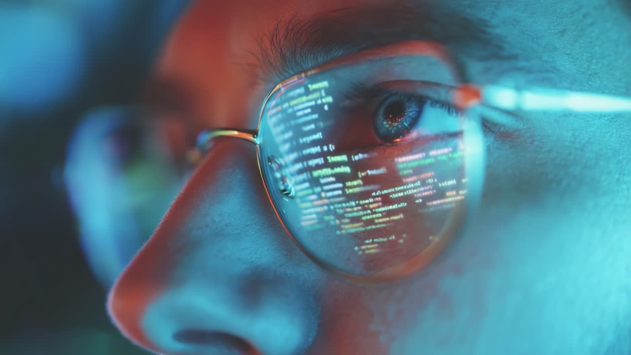 A Close-Up Perspective of a Focused Programmer Analyzing Code Reflected on Glasses, Illuminated by Multicolored Neon Lights in an Engaging Digital Environment