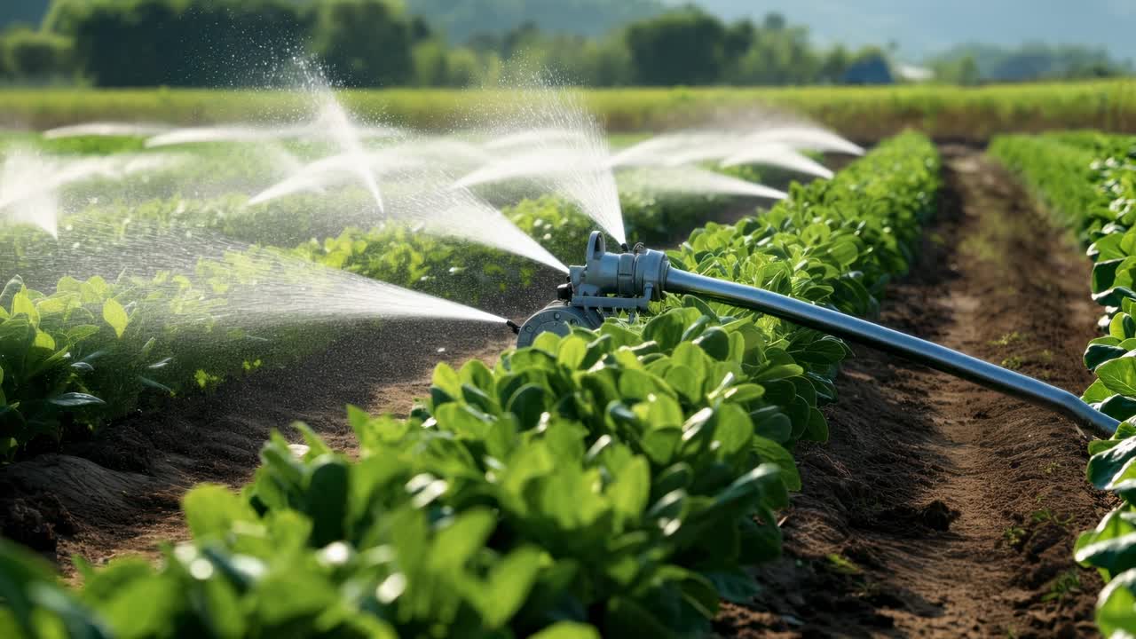 Low-angle video shot of a lush green field with sprinklers watering crops, capturing the essence