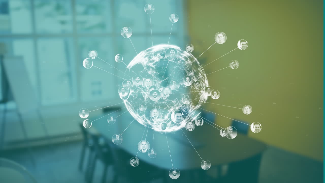 연결된 프로파일의 글로벌 네트워크: 사무실 회의실을 통해 애니메이션