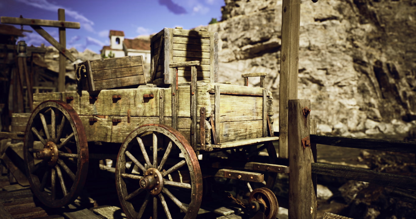 Wooden wagon sits on an old dock near rocky cliffs under a bright sky