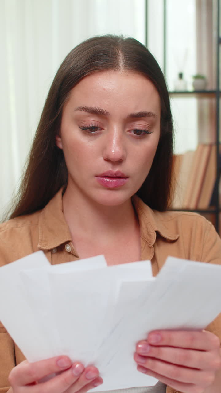 Young woman shocked by huge utility bill raises eyebrows then throws papers onto desk in disbelief