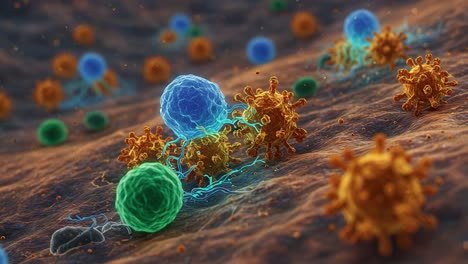 a close-up view of microscopic organisms interacting: depicting cellular structures and their dynamic interactions in a lively microenvironment