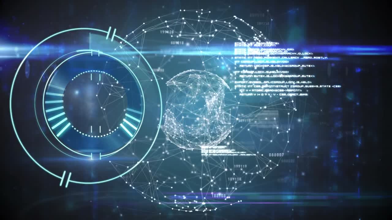 animación de la interfaz digital con reloj sobre fondo oscuro