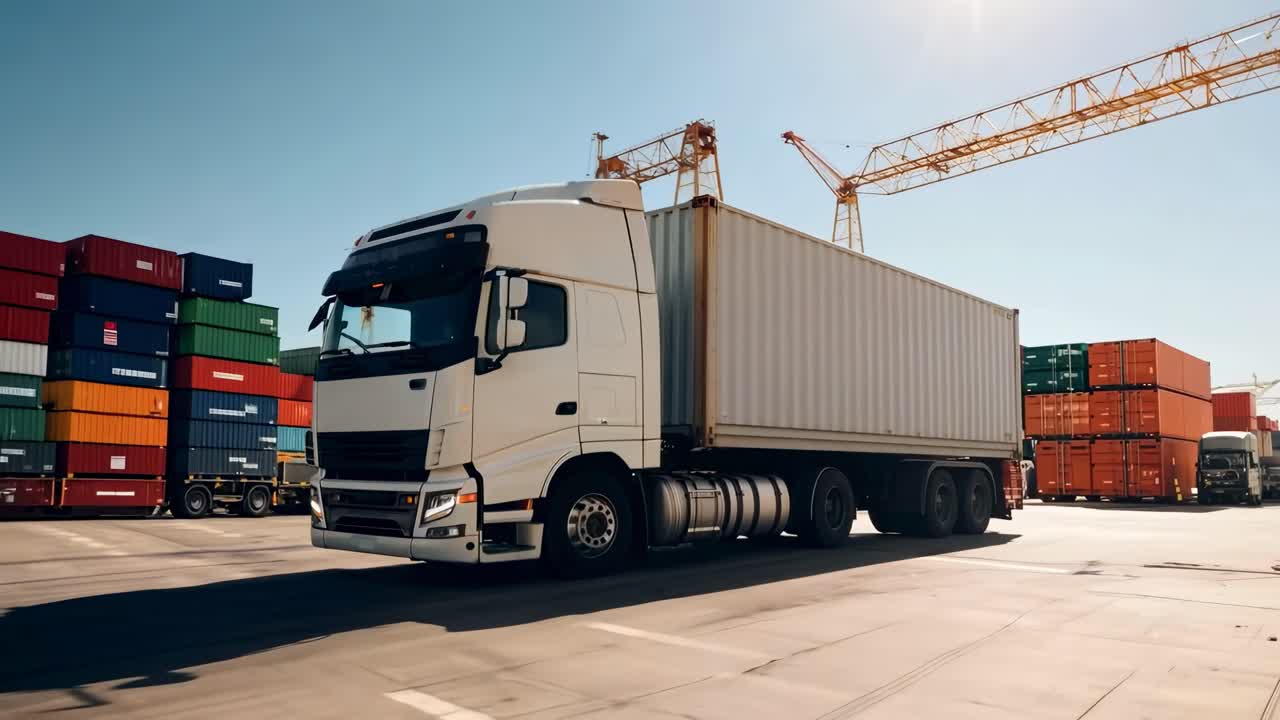 Low-angle shot of a white cargo truck in an industrial port setting, highlighting logistics
