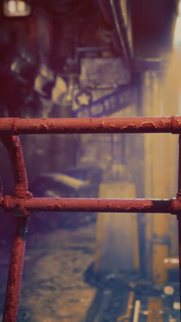 rusty metal railing in an abandoned industrial setting