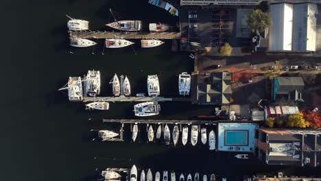 Top-down-aerial-of-boats-tied-up-at-marina-dock