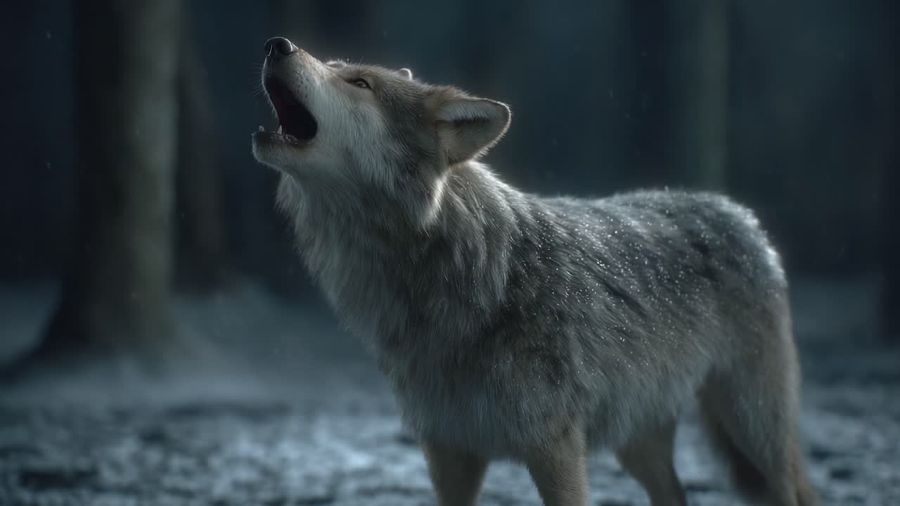 A majestic wolf howls under the twilight sky, its soulful voice resonating through the misty forest, creating an enchanting atmosphere filled with wildness and mystery