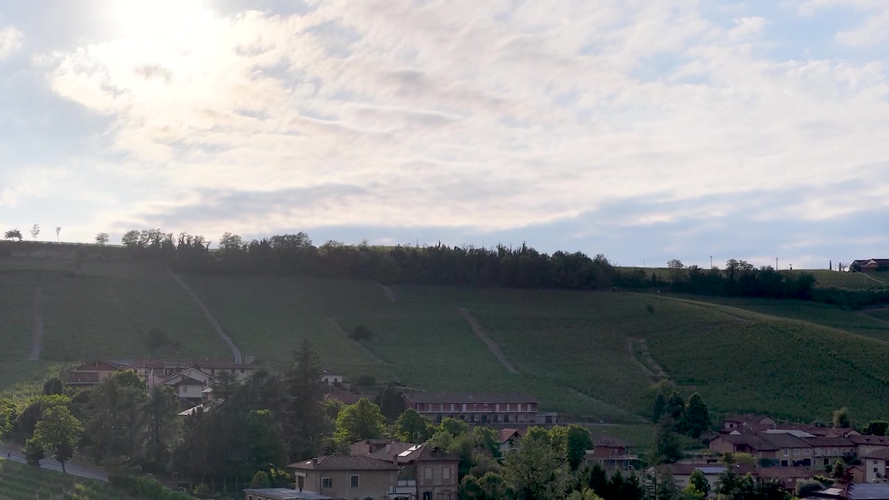 Ampia ripresa con drone cattura vigneti verdi e rigogliosi e ville rustiche sotto la morbida luce del sole mattutino.