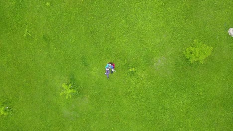 어린 소년을 둔 곱슬머리 소녀는 신선한 잔디가 있는 푸른 들판에 누워 드론 샷 버드아이 샷에서 행복한 얼굴을 미소 짓고 하늘 넓은 풍경으로 땅을 이륙합니다.