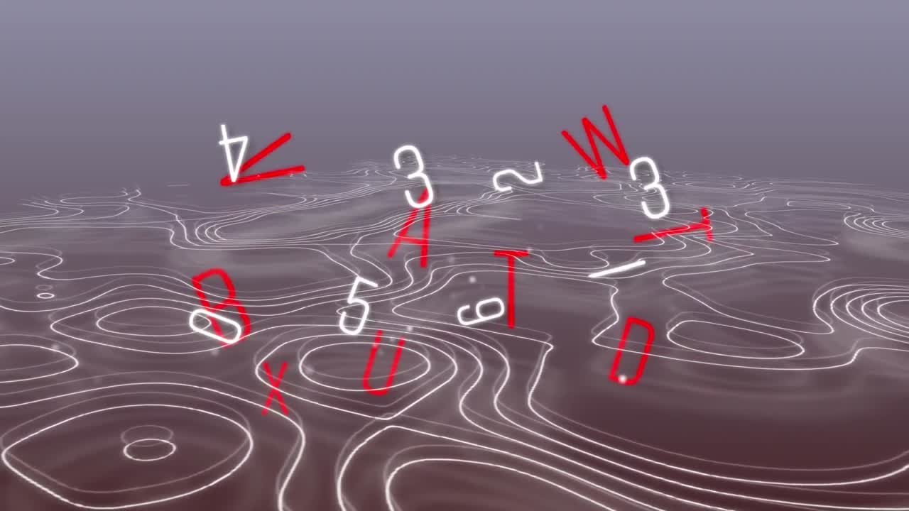 Animation of changing white numbers and red letters over contour lines on grey background