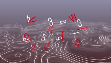 Animation-Wechselnder-Weißer-Zahlen-Und-Roter-Buchstaben-über-Konturlinien-Auf-Grauem-Hintergrund