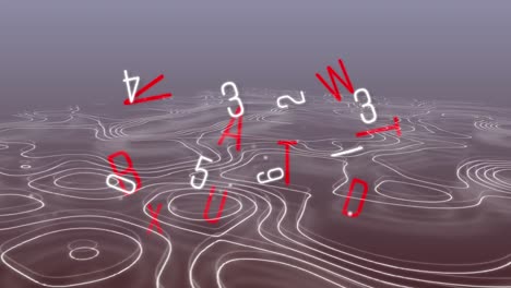 animation of changing white numbers and red letters over contour lines on grey background