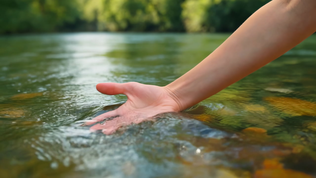 Hand Skimming Clear River Water, Sunlight Dappling Pebbled Streambed As Hikers Arm Creates Gentle Ripples