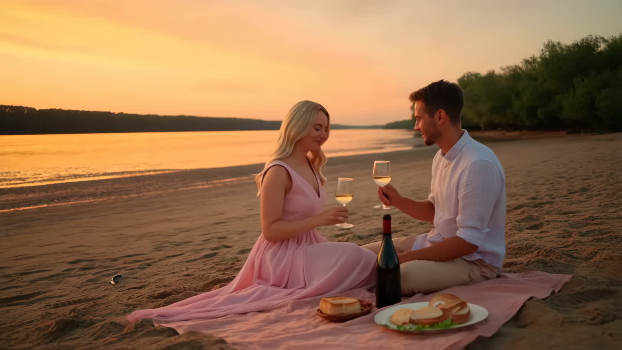 Couple Toasting Wine Glasses on a Beach at Sunset