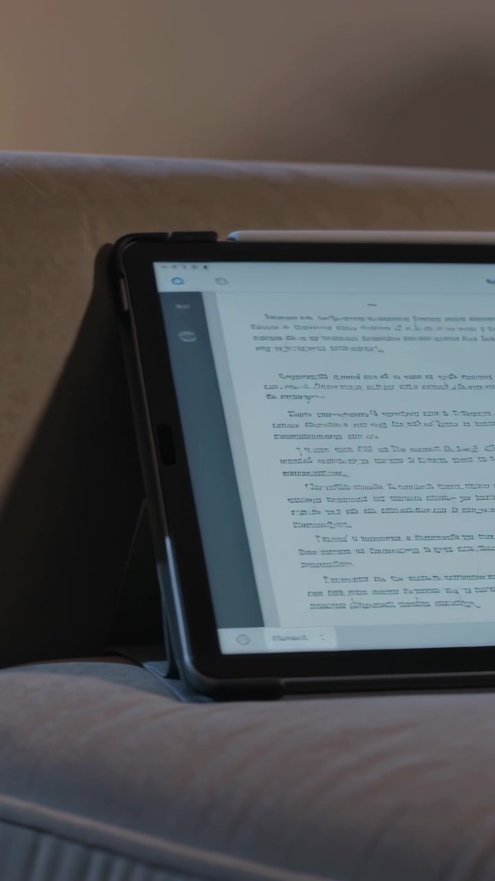 Vertical video: Panning cam revealing tablet in case stand on cushion at home, showing doc to read
