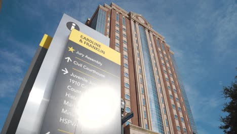 Low-angle-wide-shot-of-the-Harris-County-Civil-courthouse-building-in-Houston