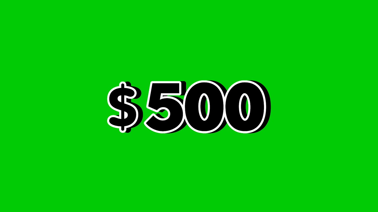 Prezzo animato di 500 dollari con effetti di fumo e grafica in movimento su sfondo verde. Perfetto per pubblicità, e-commerce, vendita al dettaglio, sconti e video promozionali per aziende.
