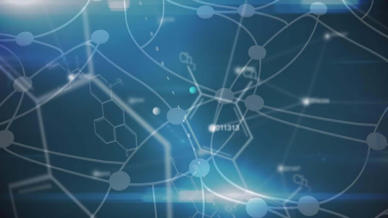 파란색 배경에 떠다니는 분자 및 화학 구조의 디지털 복합 비디오