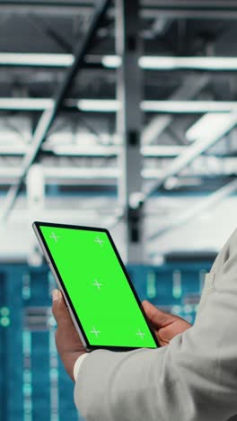 vertical video engineer in data center using mockup tablet to develop disaster recovery plans