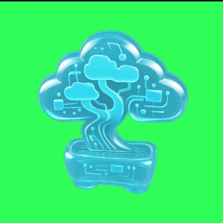 3D Animated Cloud Computing Bonsai Tree Icon on Green Screen