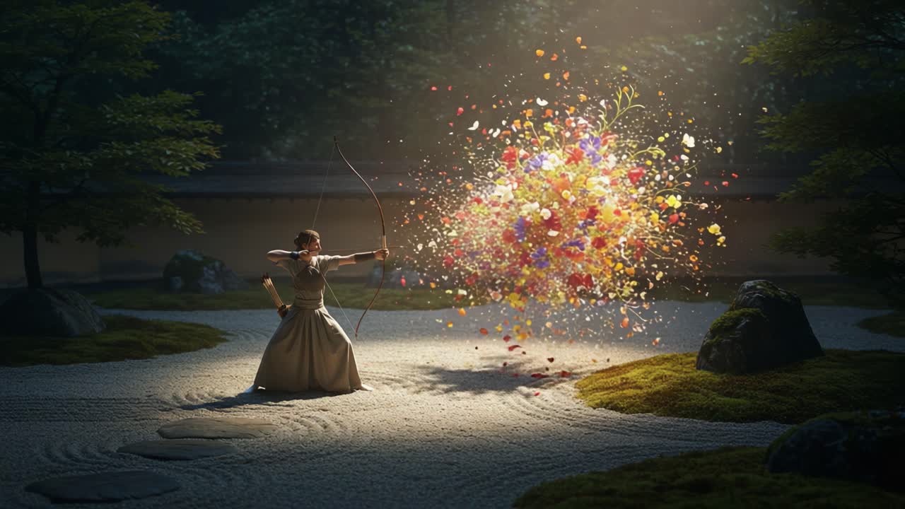 A Master Archer in a Serene Garden Unleashes a Vibrant Explosion of Colors and Nature's Beauty with a Single Arrow, Merging Artistry and Precision in Motion
