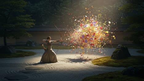a master archer in a serene garden unleashes a vibrant explosion of colors and nature's beauty with a single arrow, merging artistry and precision in motion