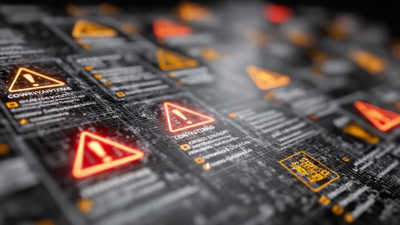 Dynamic Visual Interface Displaying Attention-Grabbing Warning Symbols and Hazard Notifications, Highlighting Critical Information in a High-Tech Environment