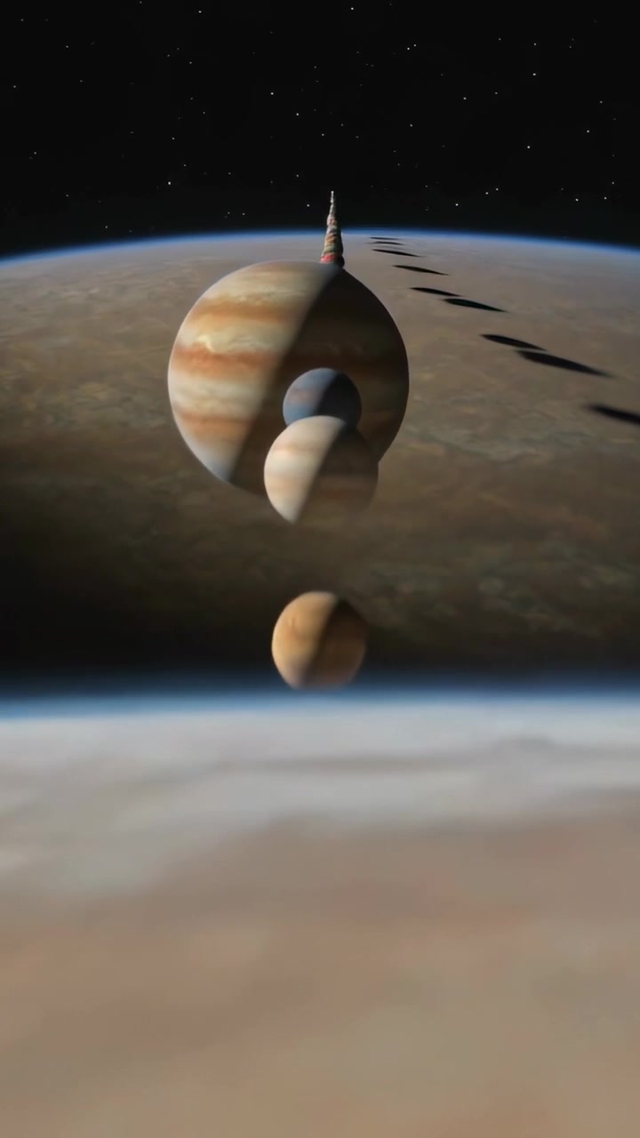 Vertical video: Emerging above bluish limb, chain of banded planets aligning to horizon over clouds