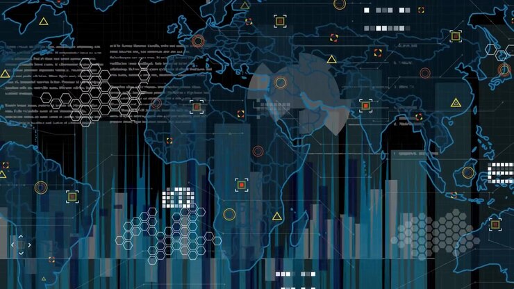 Animation of data processing with world map over black background