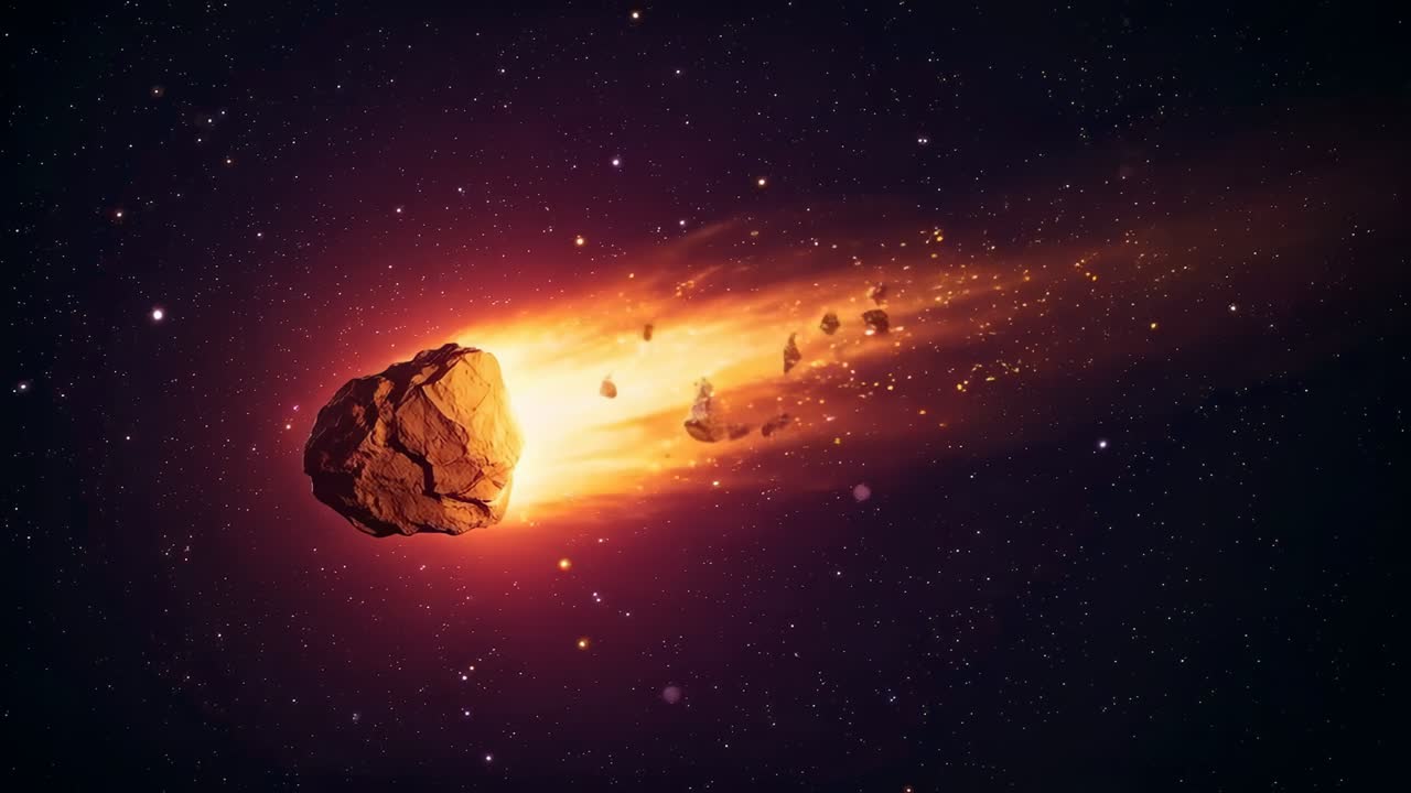 Entrando nel campo stellare, grande meteoroide con coda luminosa, che perde frammenti, scia di polvere a destra, spazio per il testo