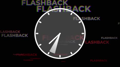 flashback con efecto de glitch moviéndose detrás del reloj con las agujas girando hacia atrás