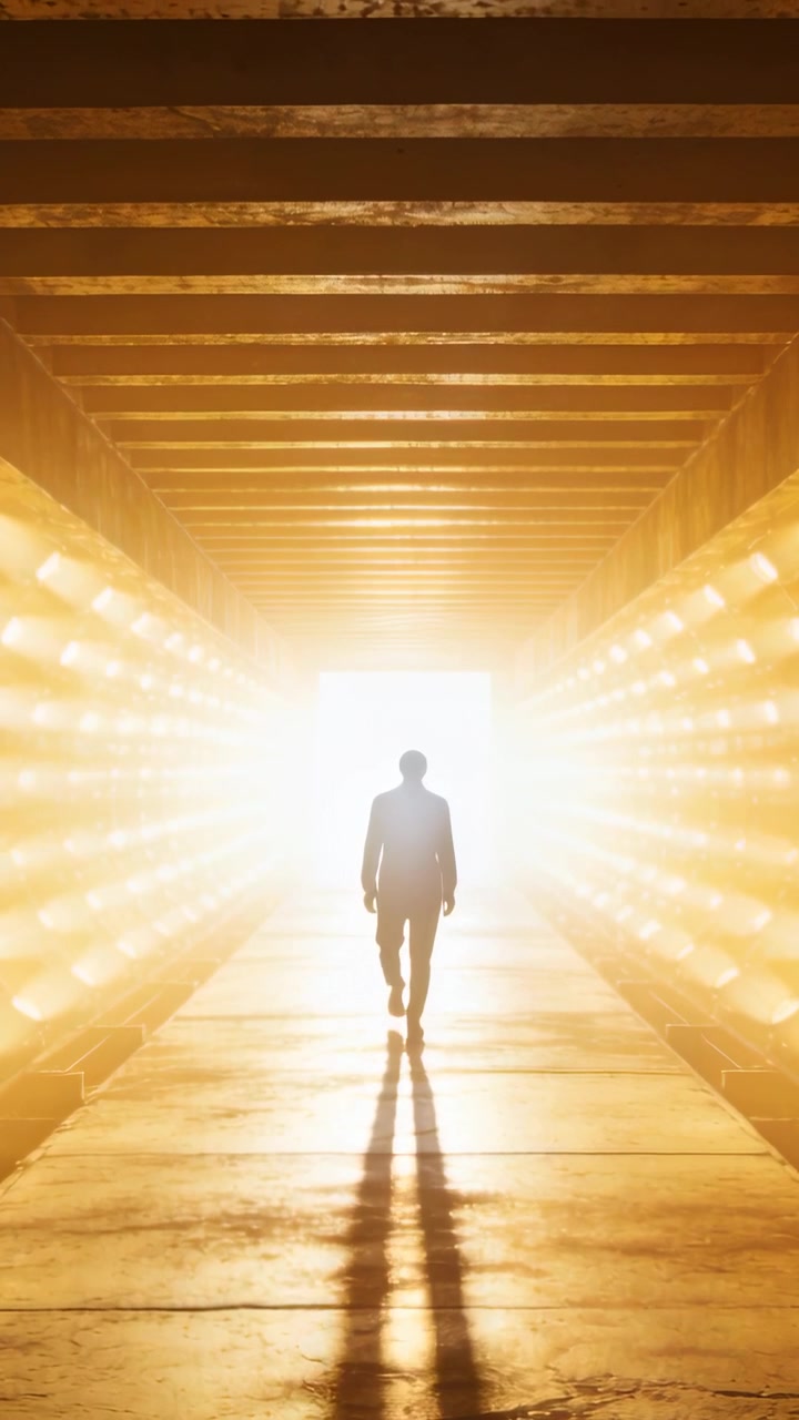 Vertical video: Walking man in suit emerging from bright exit in tunnel, wall lights casting shadow