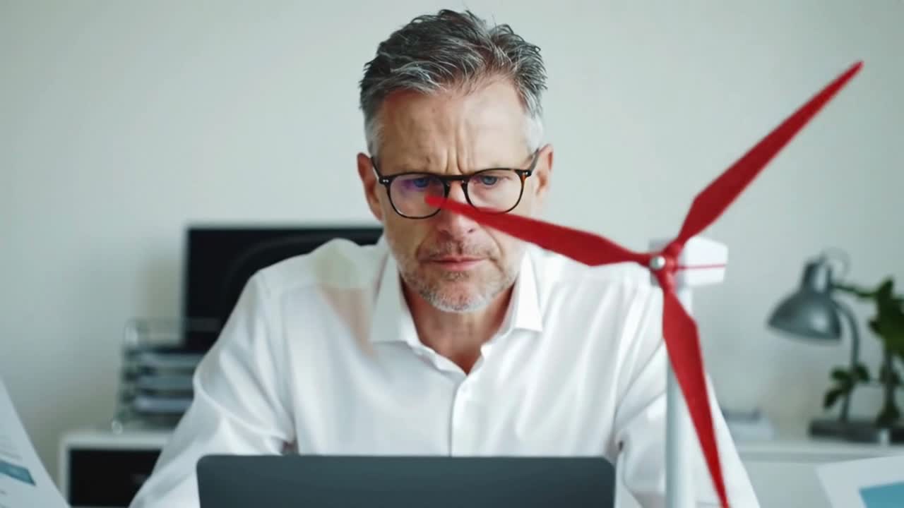 Focused Senior Engineer Working on a Wind Energy Project in a Modern Office