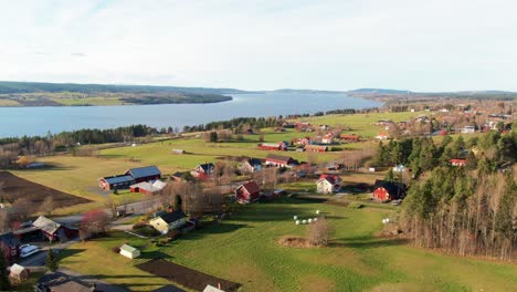 lakeside farm houses and buildings near swedish woodlands countryside near ostersund, sweden