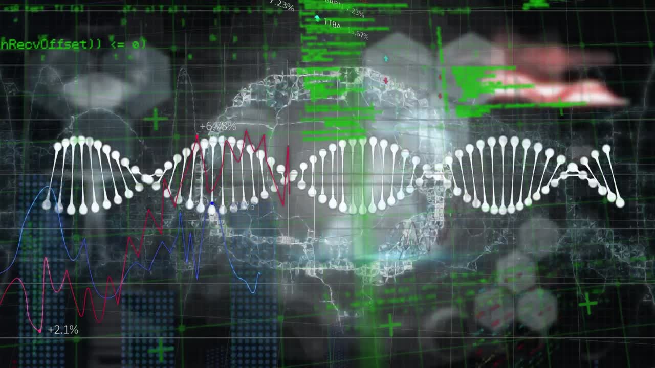 animación de estructuras de adn y icono de cerebro humano girando contra el procesamiento de datos.