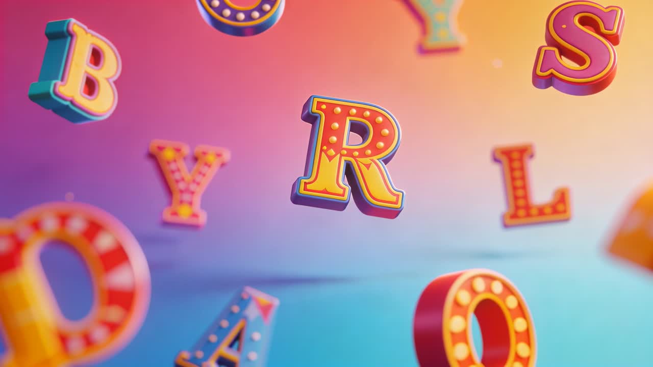 Lettera R illuminata che ancora il centro dello studio, con lettere RBYLSDAO fluttuanti, creando arte 3D.