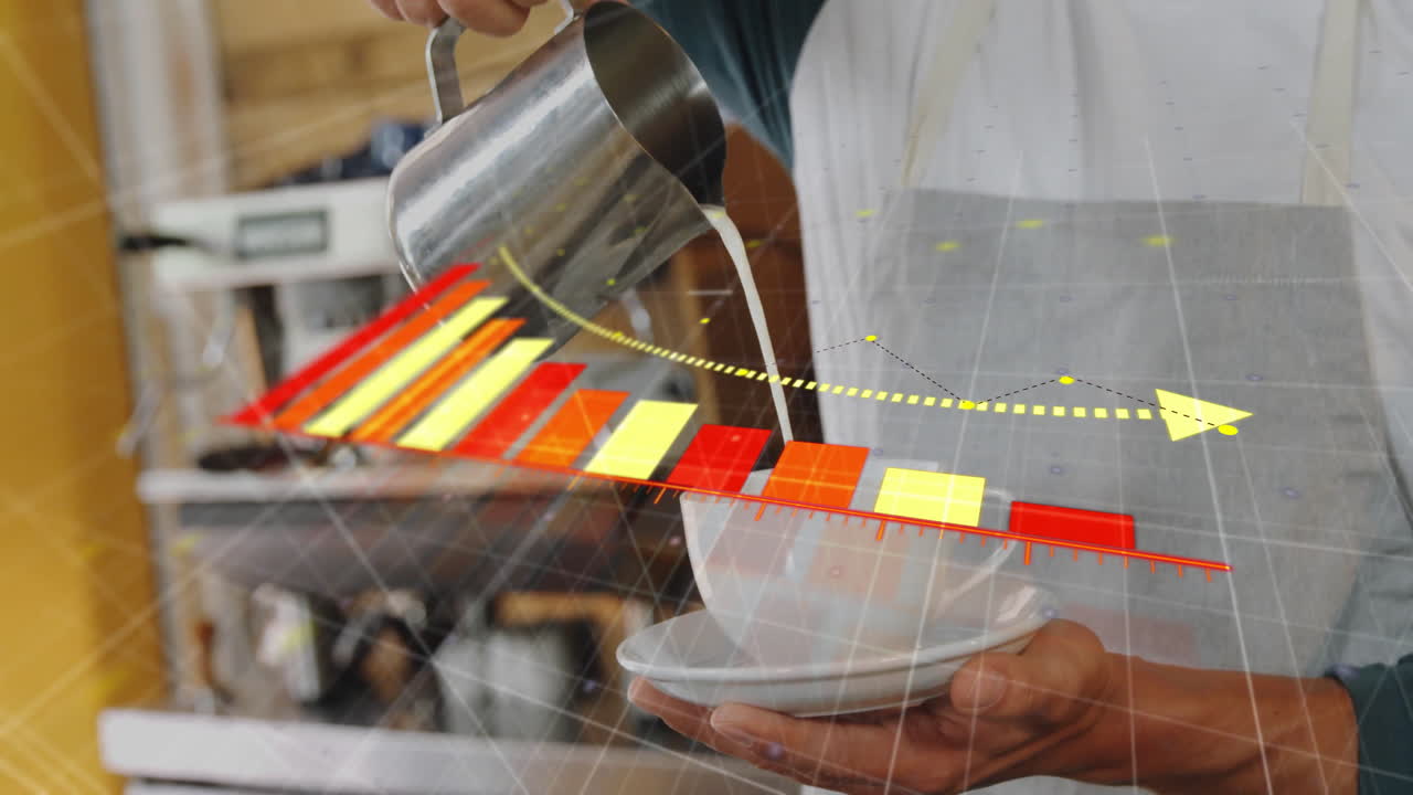 Barista pouring steamed milk in coffee shop, showing AR bar chart and directional arrow overlays