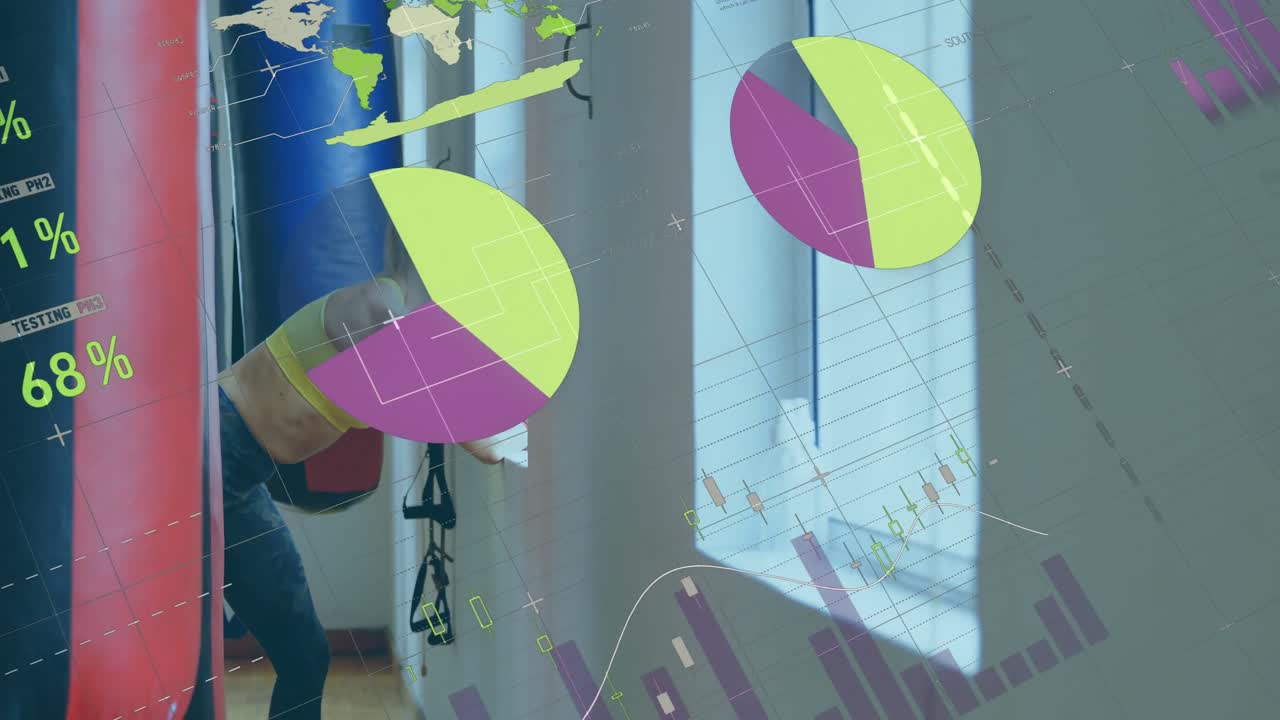 animación del procesamiento de datos sobre una mujer caucásica en el gimnasio