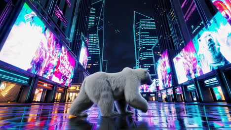 oso polar en una ciudad de neón