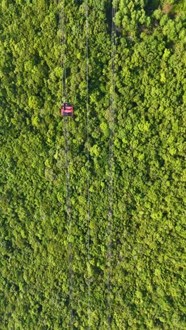 vertical aerial: world's longest three-rope cable car in the world during the day in sunset town, phu quoc island, vietnam, top-down drone shot