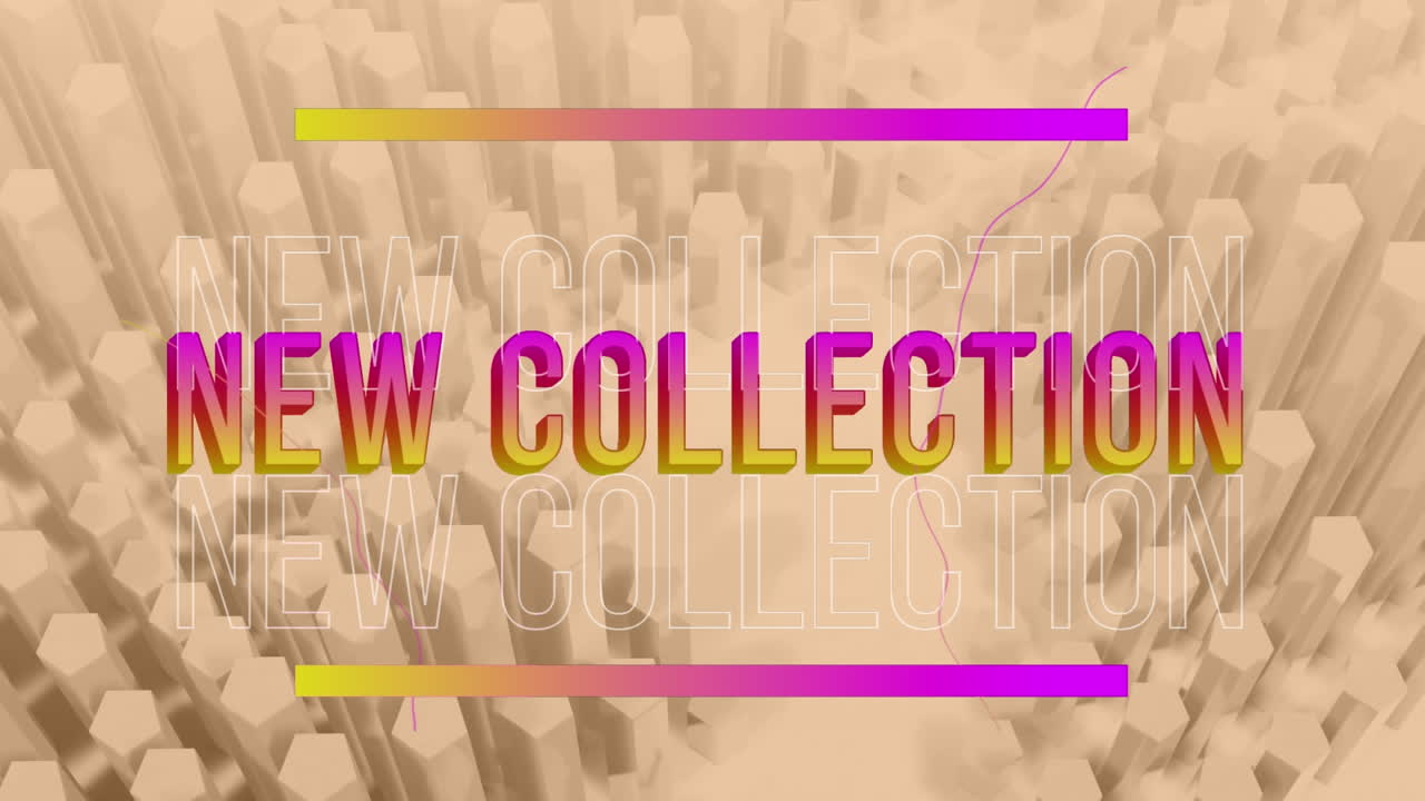 새로운 컬렉션 텍스트의 애니메이션 육각형 배경 위에