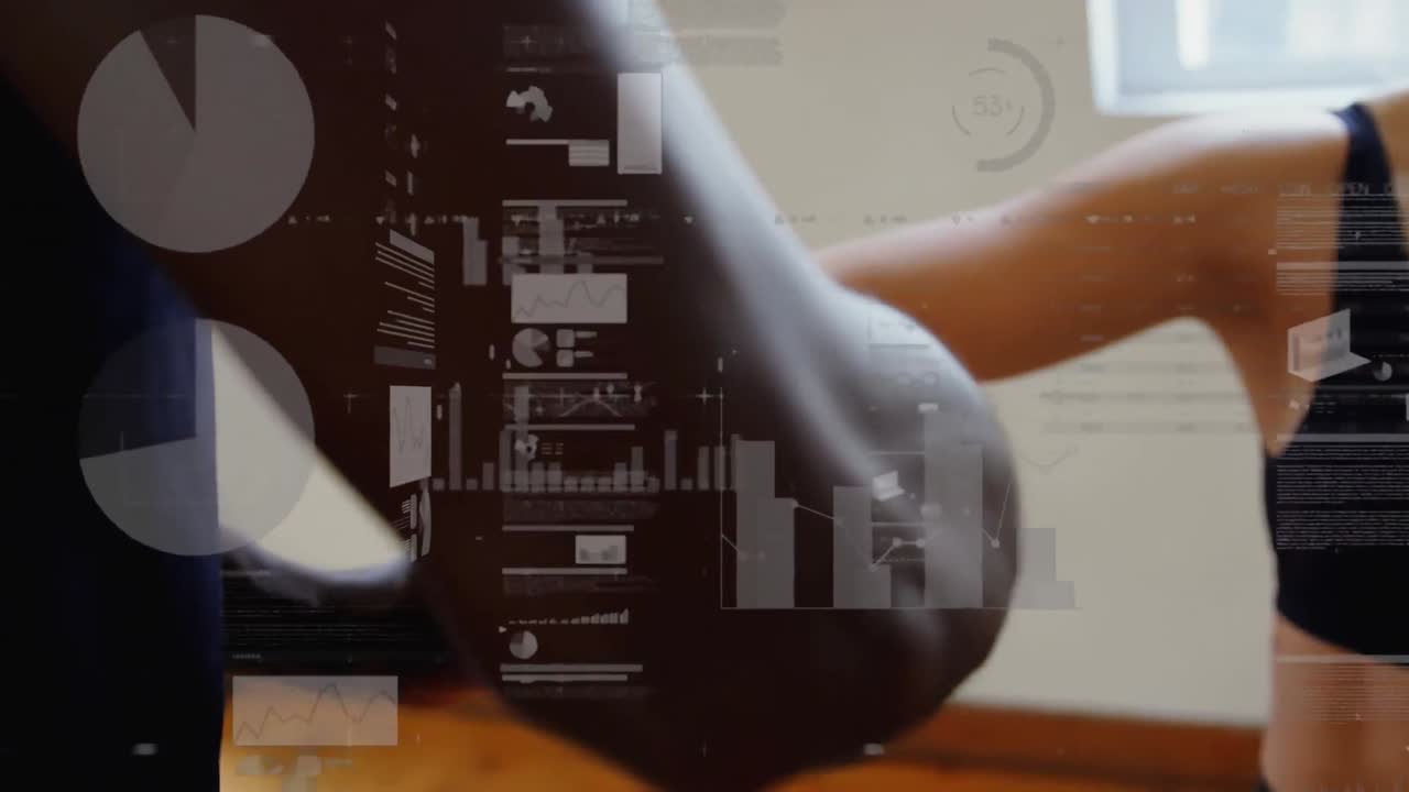 Animation of data processing over caucasian woman with coach at gym