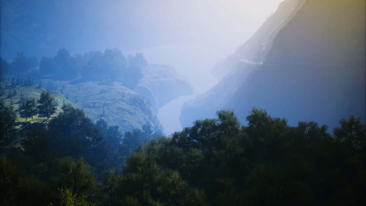 Majestic river flowing through deep valleys at dusk in a serene landscape