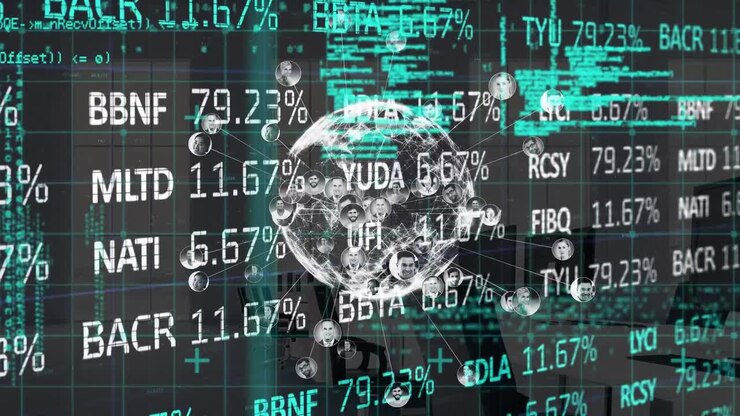 Animation of digital globe with profile icons and trading board over computers on desk in office