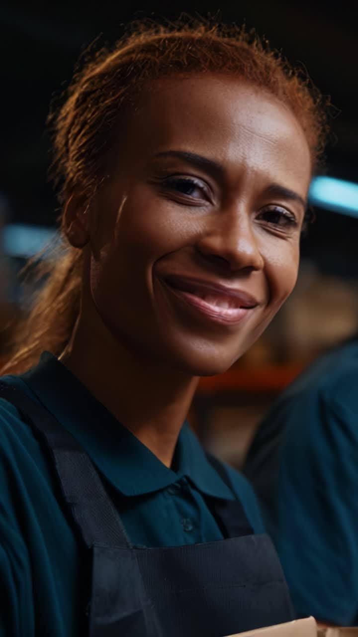 Smiling Workshop Worker in Industrial Setting: Dedicated Employee Showcasing Skills and Passion for Crafting in a Positive and Friendly Environment