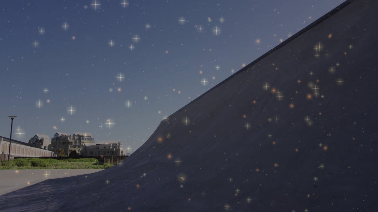 Skateboarder performing trick on concrete ramp, with glowing star sparkles highlighting technology