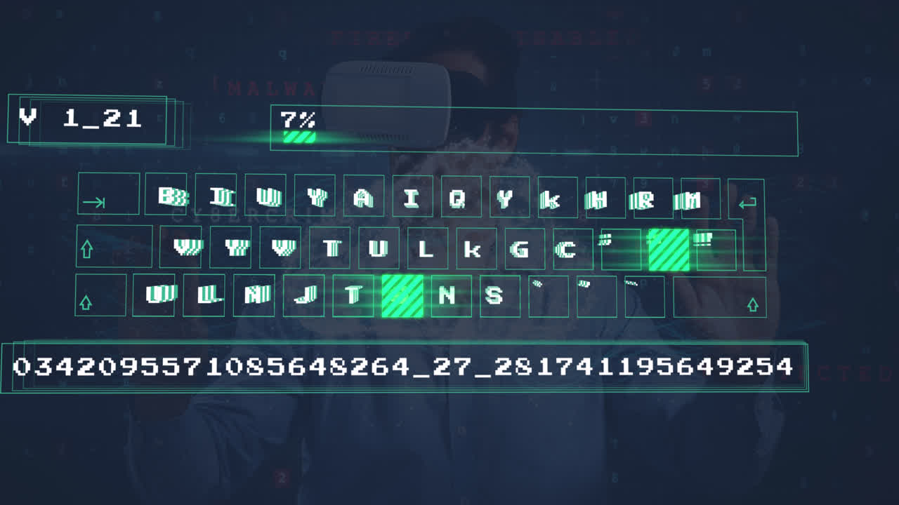 Animation of digital data processing on keyboard over biracial businessman wearing vr headset