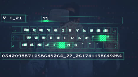 Animation-Der-Digitalen-Datenverarbeitung-Auf-Der-Tastatur-über-Einem-Biracial-Geschäftsmann-Mit-VR-Headset